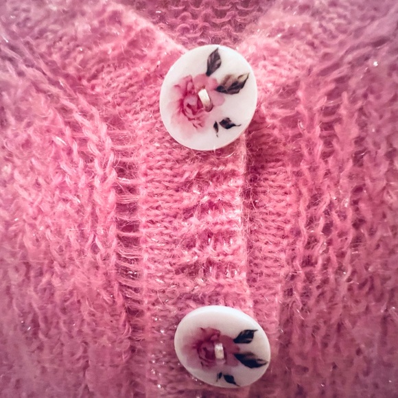 LoveShackFancy Sparkling Knit Rose Button sweater/cardigan in pink - Picture 2 of 6